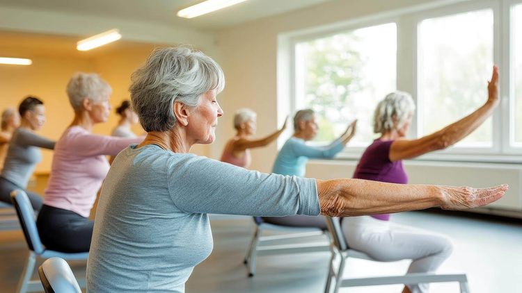 Ältere Frauen beim Yoga auf dem Stuhl