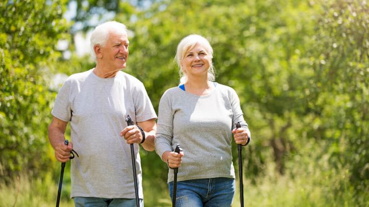 ein älteres Paar spaziert mit Nordic-Walking-Sticks im Wald