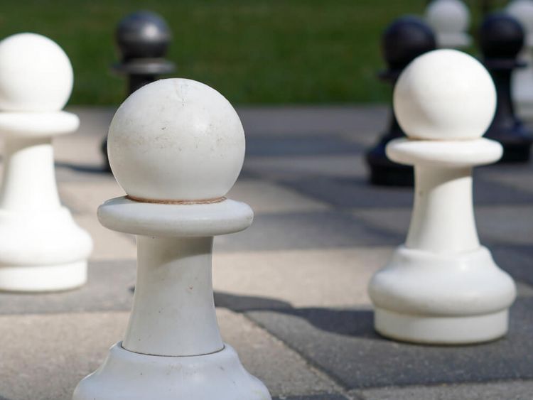Große Schachfiguren warten im Garten auf die nächste Partie